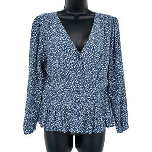 VICI Women's Floral Peplum Button Up Blouse‎ Shirt Size M V Neck Puff Shoulder